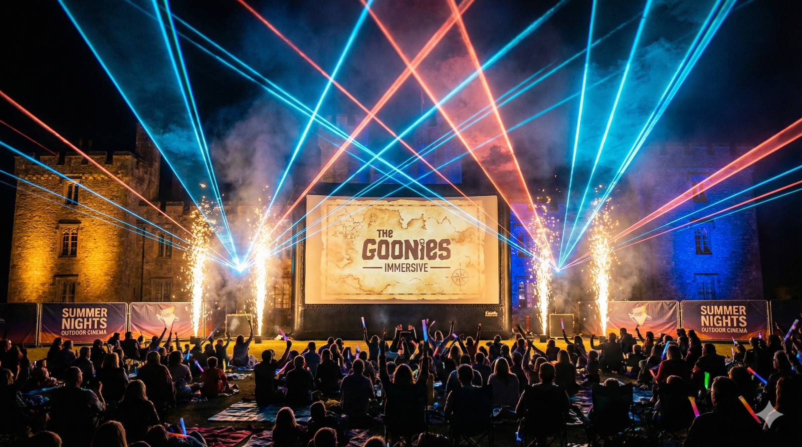 An outdoor cinema immersive screening of The Goonies at a dramatic castle venue at night, adventure-themed laser beams in electric blue and neon coral sweeping through atmospheric haze, pyrotechnic sparks erupting beside a giant outdoor screen showing a treasure map scene, excited audience silhouettes watching in awe, mysterious atmospheric lighting with gold accents