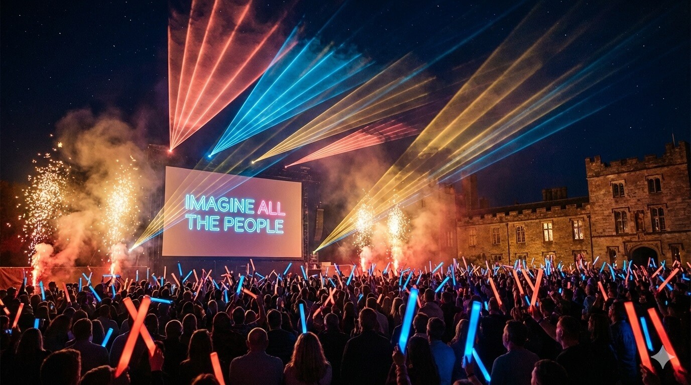 The ultimate outdoor cinema experience combining lasers, pyrotechnics and a singing crowd at night, neon lyrics projected on a massive screen while colourful laser fans sweep overhead, audience members holding glow sticks and singing, firework sparks and haze effects in neon coral and gold, electric festival atmosphere at a historic venue