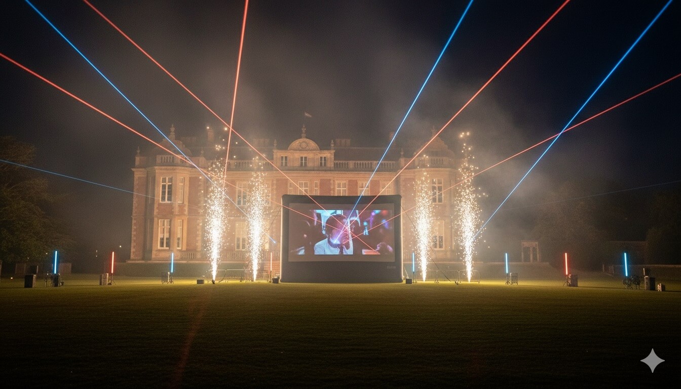A breathtaking outdoor cinema spectacle at night with vibrant laser beams cutting through atmospheric haze, pyrotechnic sparks erupting beside a giant outdoor screen, dramatic surround lighting rigs in neon coral and electric blue, mesmerised audience silhouettes, cinematic smoke effects against a dark sky
