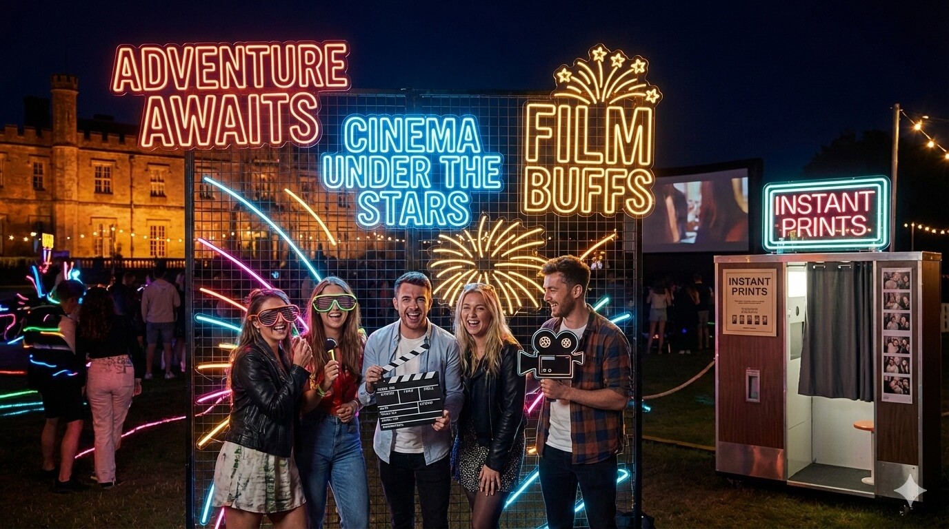 A group of friends posing at a themed neon photo wall at an outdoor cinema event at night, large glowing neon signs with movie quotes, movie-themed props including oversized sunglasses and clapperboards, instant photo print booth to one side, vibrant neon coral and electric blue backlighting, fun social atmosphere