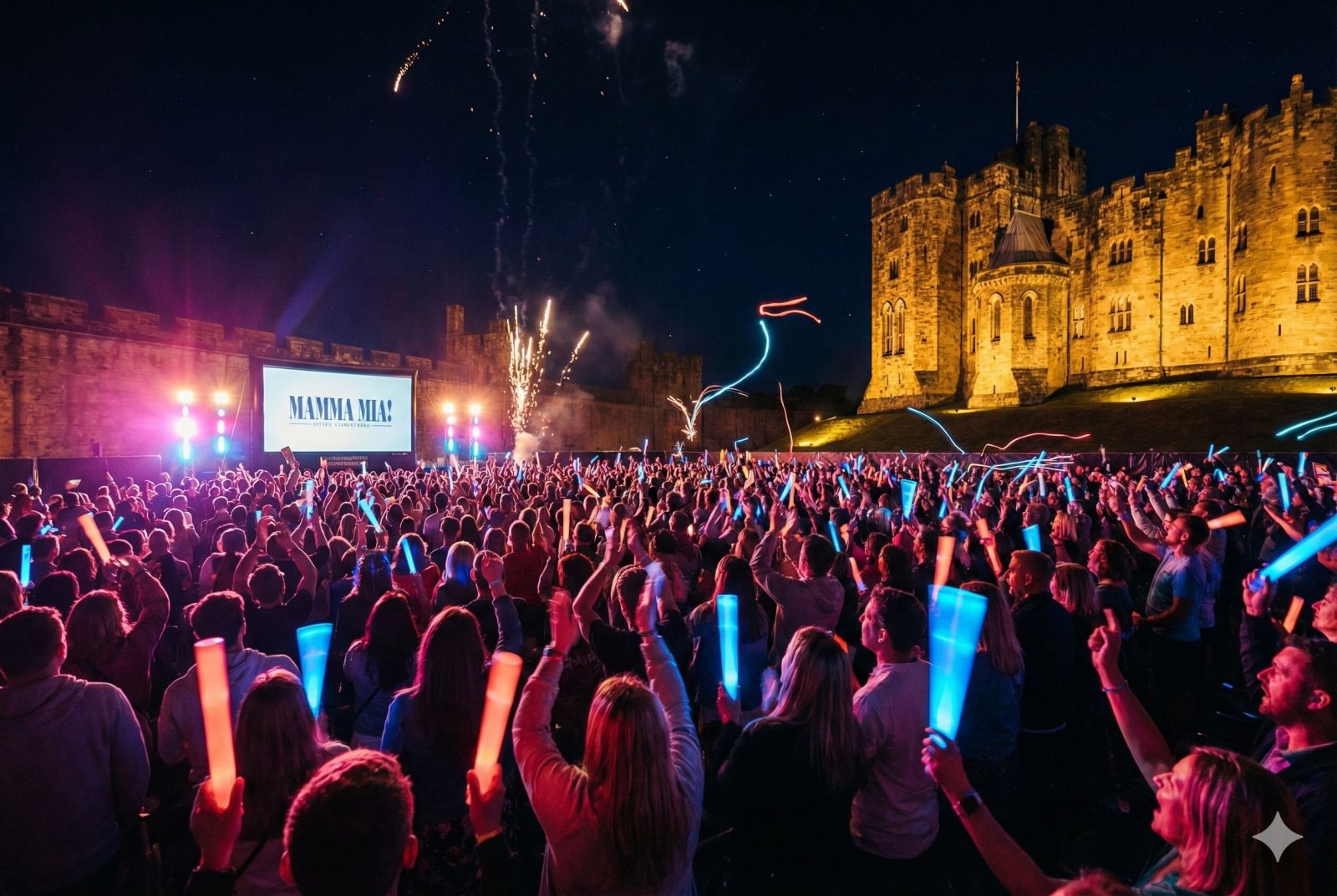 A packed outdoor cinema crowd at a medieval castle cheering during a Mamma Mia singalong screening at night, hundreds of people waving glow sticks and singing, neon pink and blue stage lighting, the castle dramatically lit in the background, electric atmosphere captured from behind the audience