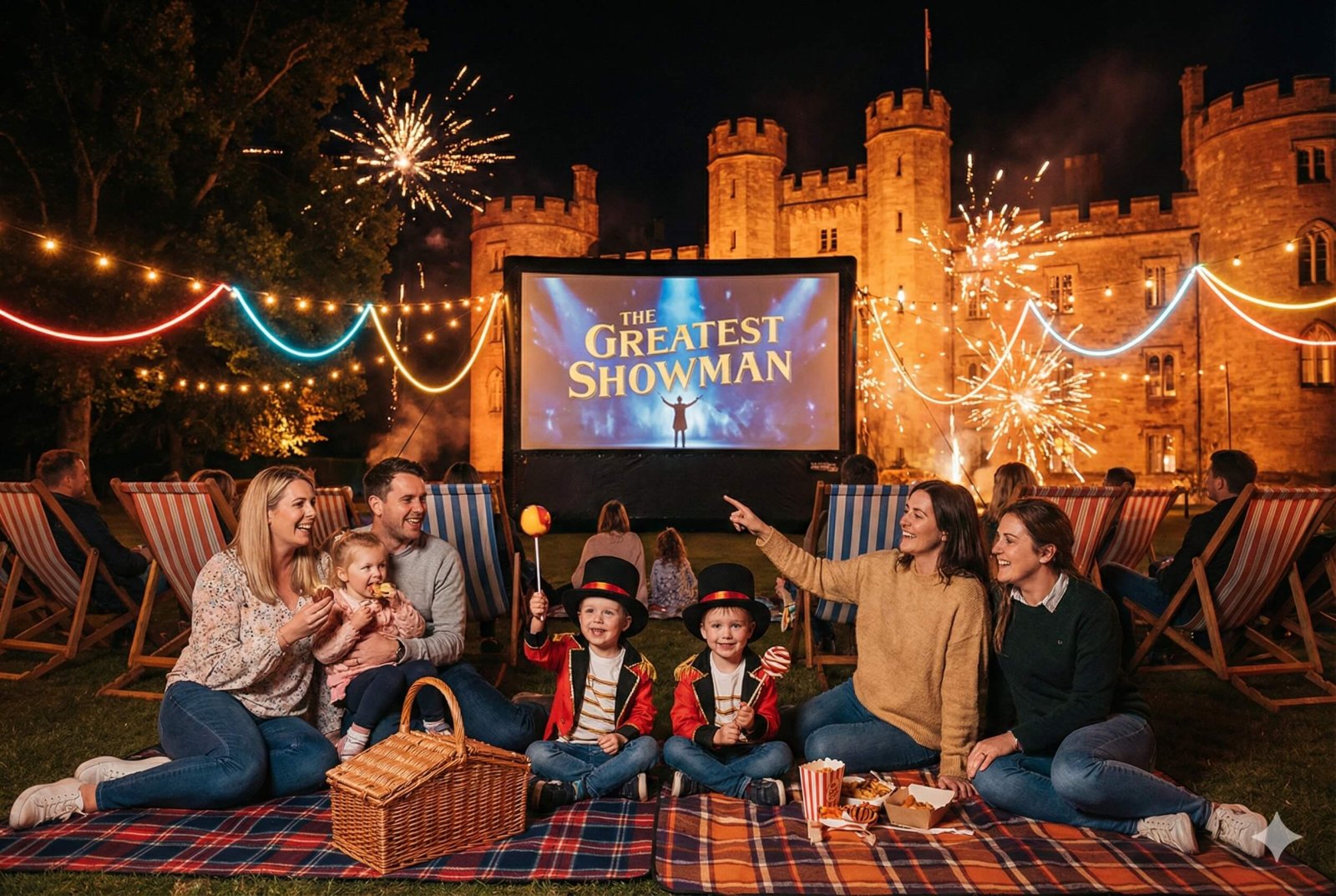 Families with children sitting on blankets and deckchairs at an outdoor cinema screening of The Greatest Showman at night, kids wearing circus top hats and ringmaster props, warm golden lighting from the big screen illuminating happy faces, cosy picnic atmosphere under the night sky