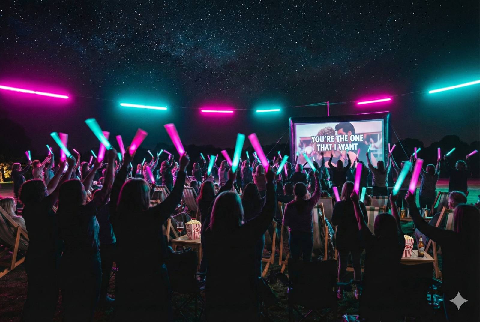 Silhouettes of an outdoor cinema crowd singing under a star-filled sky at a Grease singalong screening, arms raised and glow sticks waving, retro neon pink and turquoise lighting bathing the audience, lyrics visible on the distant big screen, magical summer night atmosphere