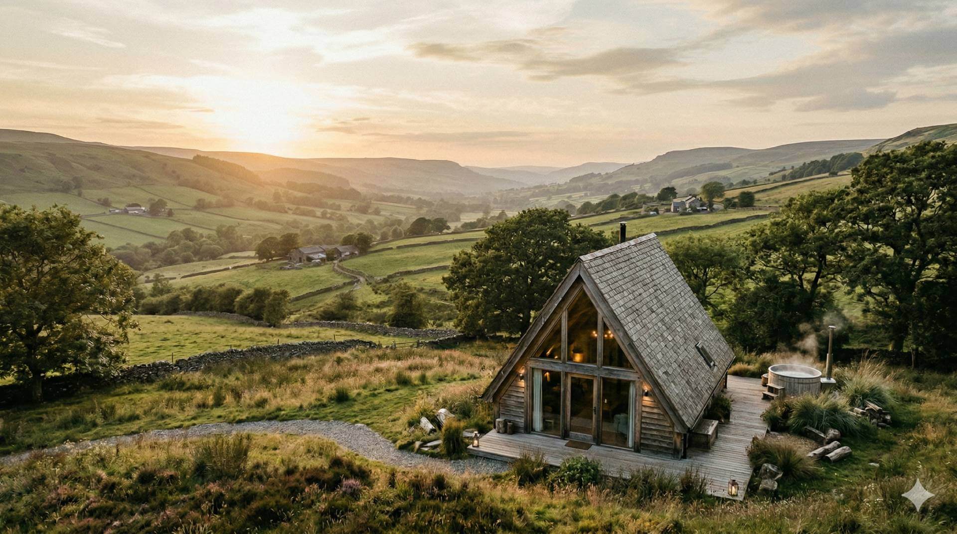 A-frame lodge nestled in a lush green valley at golden hour