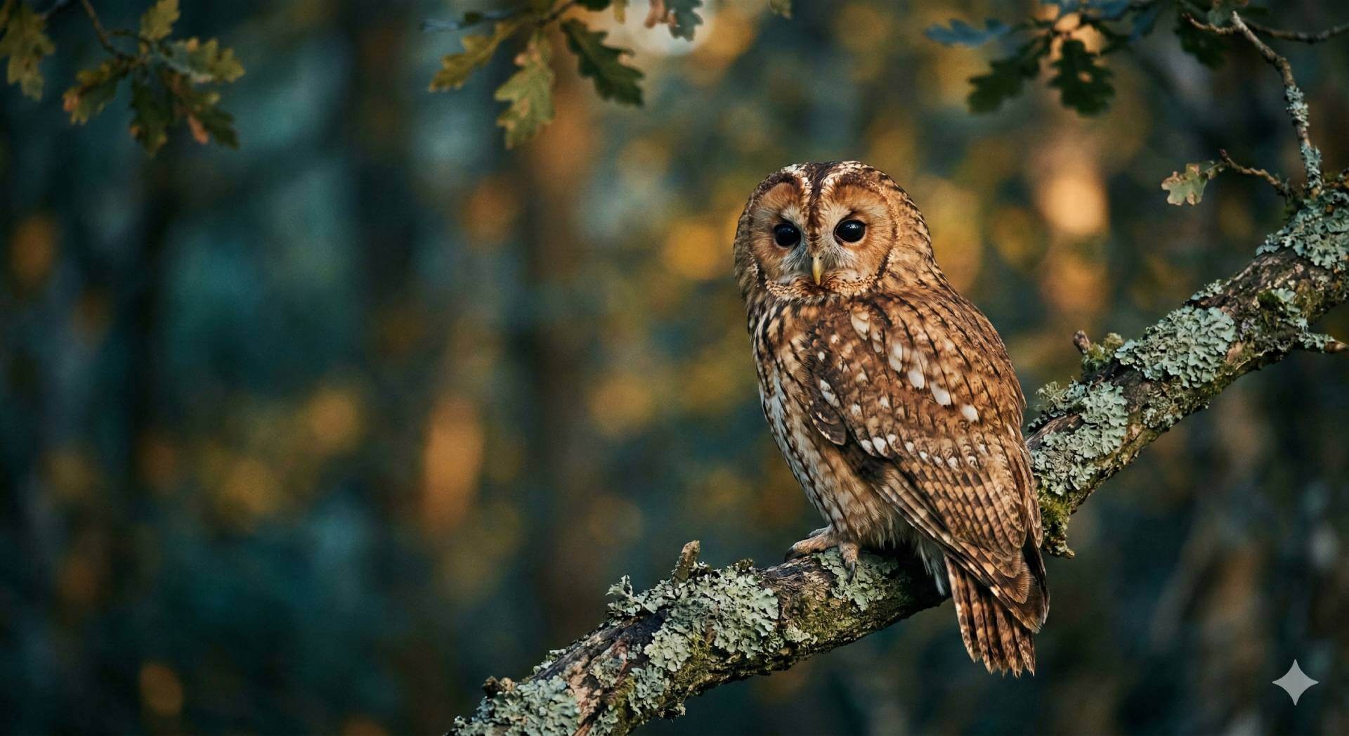 Tawny owl perched on a branch in the valley at dusk