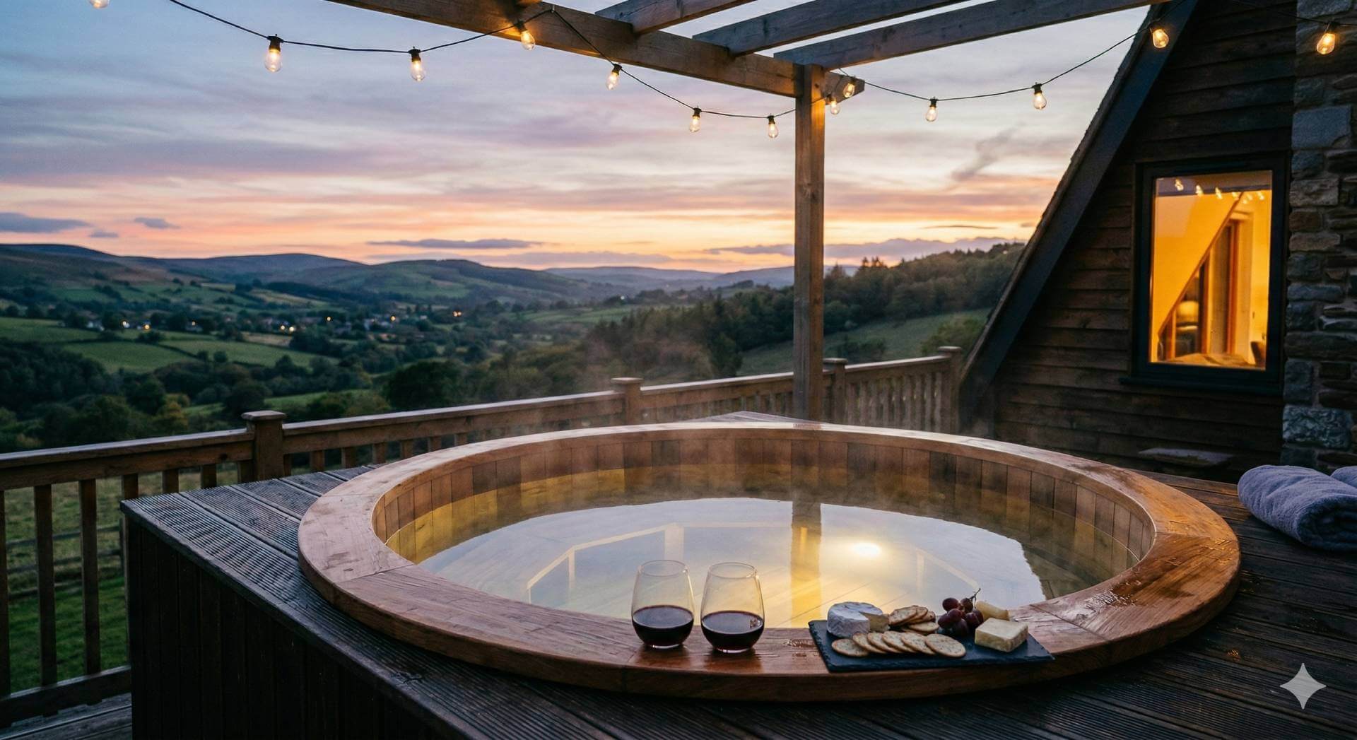 Private hot tub overlooking valley at sunset