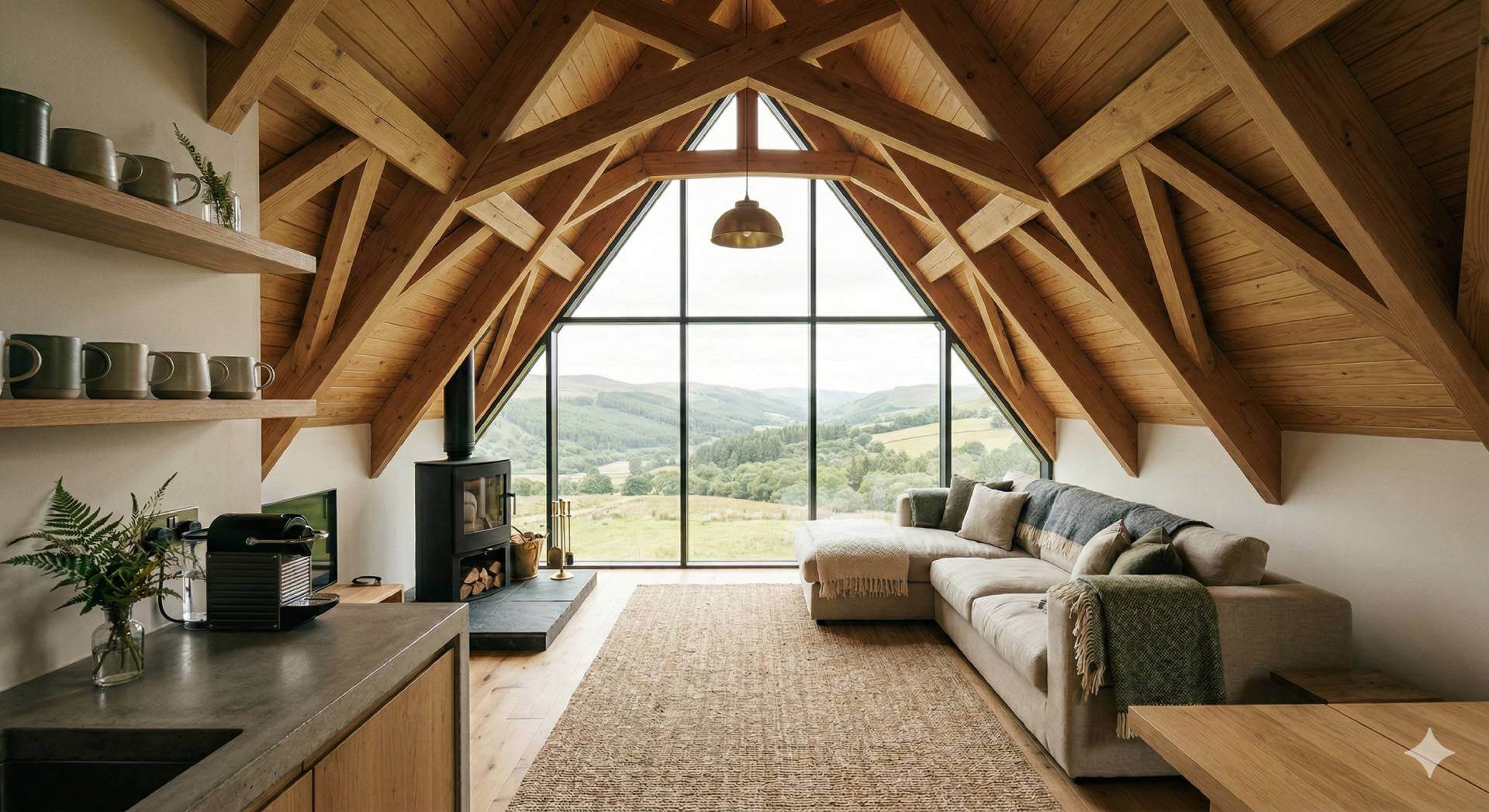 Cosy lodge interior with timber beams